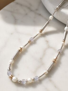 Pearl & Mixed Metal Beaded Necklace in White and Silver